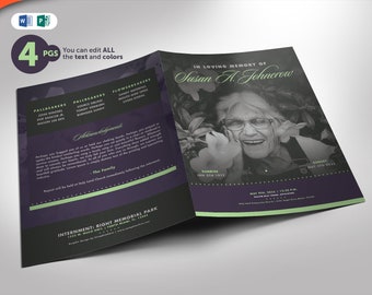 Funeral Program Word and Publisher Template 8.5x11 and 5.5x8.5 (4 Pages) Obituary Dark Theme