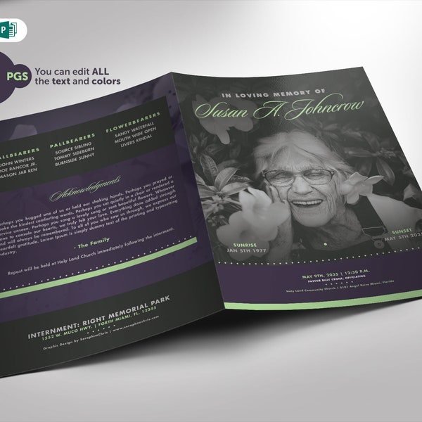 Funeral Program Word and Publisher Template 8.5x11 and 5.5x8.5 (4 Pages) Obituary Dark Theme