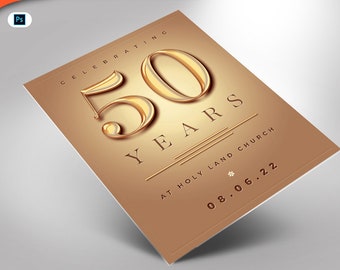 Gold Church Anniversary Flyer Photoshop Template (8.5x11 & 5x7) Printable