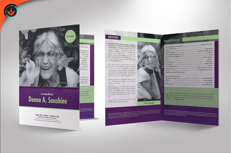 Lavender Plus Green Funeral Program WORD and PUBLISHER Template 11x8. and 5.5x8.5 4 Pages Obituary image 5
