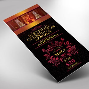May include: Black and gold invitation with a red floral design. The invitation is for a birthday celebration dinner for a senior pastor on Saturday, 7 May at 5 PM. The cost is £20 per person.