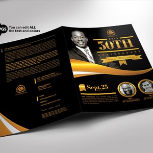 Church Anniversary Program PHOTOSHOP Template Black and Gold Bi-fold 4 Pages 8.5x11 and 5.5x8.5