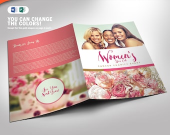 Può includere: Un opuscolo rosa e oro con il testo "Women's Day Out" e "Cancer Charity Event". L'opuscolo presenta una foto di tre donne sorridenti e un design floreale.