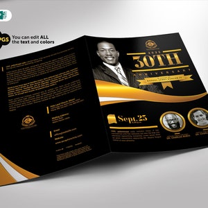 Church Anniversary Program Template Bi-fold Black and Gold 4 Pages Publisher and Word 8.5x11 and 5.5x8.5
