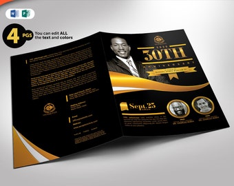 Black and Gold Church Anniversary Bifold Program 4 Pages Publisher and Word Template 8.5x11 and 5.5x8.5