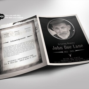 Modello per programma funebre PHOTOSHOP Nero e Argento Bi-Fold 4 pagine Mezza pagina (5,5x8,5 quando piegato)