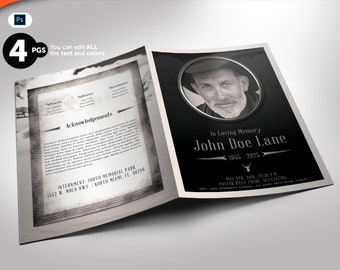 Funeral Program Black and Silver PHOTOSHOP Template 4 Pages Half Page (5.5x8.5 when Folded)