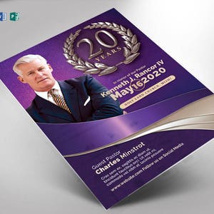 Pastor Anniversary Flyer Template Lavender MS Word and Publisher (8.5x11 & 5x7)