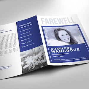 May include: A blue and white funeral order of service with a photo of a woman and the text "Farewell Charlene Mangrove 1988-2020".