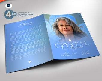 Blue Funeral Program Template: Bi-Fold, 4 Pages (Photoshop)