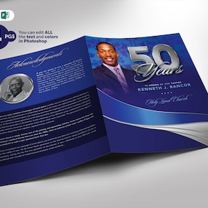 Pastor Anniversary Church Program Template Sapphire Blue and Silver PUBLISHER and WORD Bi-Fold (8.5x11 and 5.5x8.5) 4 pages