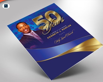 Pastor Anniversary Church Flyer PHOTOSHOP Template Sapphire Blue and Gold (8.5x11 and 5x7)