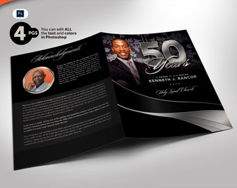 Pastor Anniversary Church Program Photoshop Template Black and Silver Bi-Fold (8.5x11 and 5.5x8.5) 4 pages