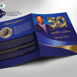 Pastor Anniversary Program Template Sapphire Blue and Gold Word and Publisher Bi-Fold (8.5x11 and 5.5x8.5) 4 Pages