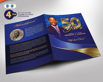 Sapphire Blue and Gold Pastor Anniversary Program Word and Publisher Template (8.5x11 and 5.5x8.5) 4 Pages