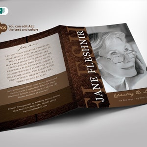 Funeral Program Template Leather Publisher and  Word Bi-Fold (12 Pages) 5.5x8.5 and 8.5x11