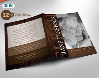 Funeral Program Template Leather Publisher and  Word Bi-Fold (12 Pages) 5.5x8.5 and 8.5x11