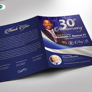 Pastor Anniversary Program Blue and Silver Word and Publisher Template (8.5x11 and 5.5x8.5) 4 Pages