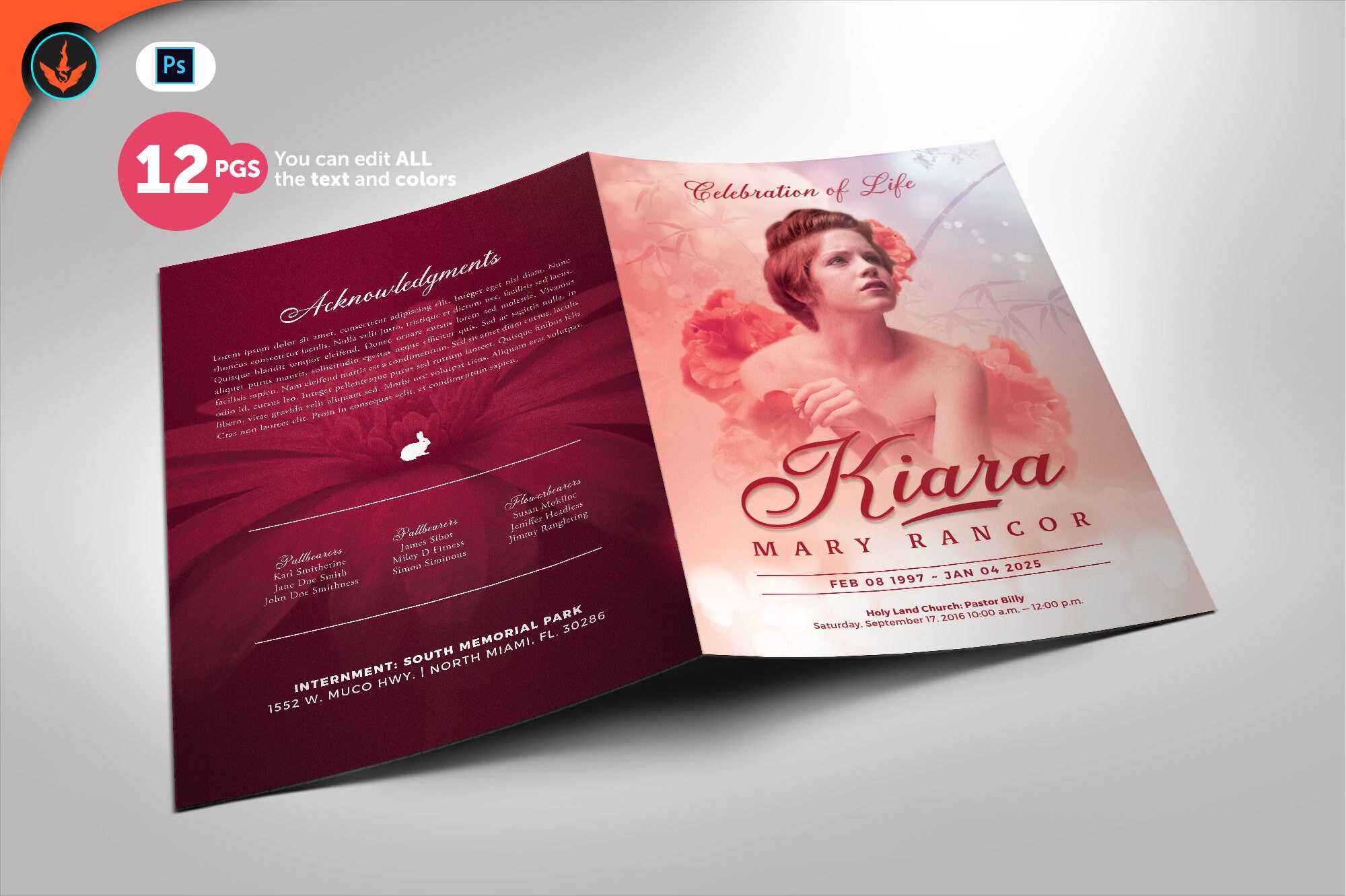Funeral Program PHOTOSHOP Template 33 Red Floral Theme Bi-fold 12 Pages  (8.5x11 and 8.5x5.5), image size:2000x1331