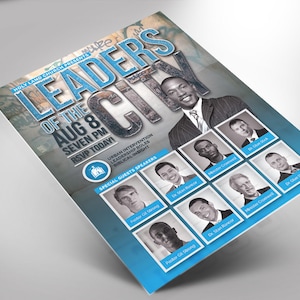 Peut inclure: Une affiche pour un événement d'église intitulé "Leaders of the City" le 8 août à 19h. L'affiche présente un schéma de couleurs bleu et blanc avec une photo d'un homme en costume et une icône de bâtiment d'église. L'affiche liste également les conférenciers invités.