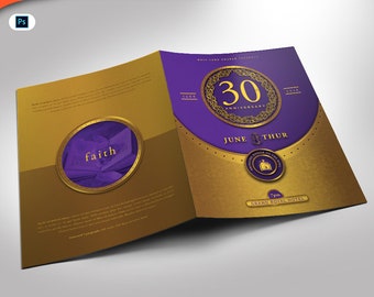 Gold and Violet Church Anniversary Program Photoshop Template (4 pages) 5.5x8.5 Folded