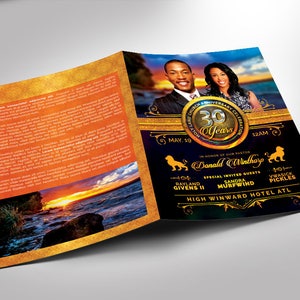 May include: A brochure for a church anniversary celebration. The design features a photo of a couple, gold accents, and the text "30 Years." The brochure includes the date, time, and names of special guests.