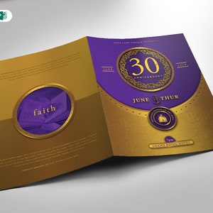 Church Anniversary Program Template Gold and Violet Word and Publisher Bi-Fold (8.5x11 and 5.5x8.5)  4 pages