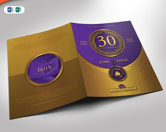 Gold and Violet Church Anniversary Program Word and Publisher Template (8.5x11 and 5.5x8.5)  4 pages