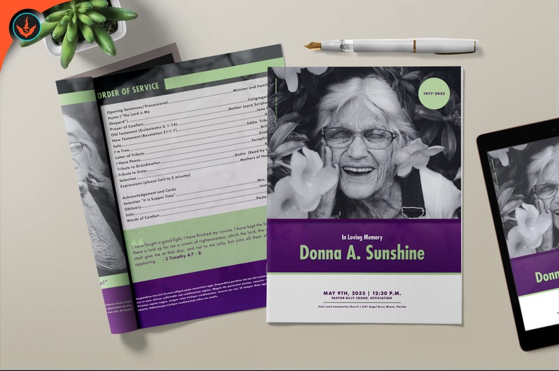 Lavender Plus Green Funeral Program WORD and PUBLISHER Template 11x8. and 5.5x8.5 4 Pages Obituary image 3