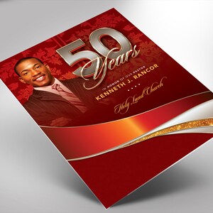 Modèle Photoshop de Flyer d&#39;église d&#39;anniversaire de pasteur ROUGE, ARGENT ET OR 8,5 x 11 et 5 x 7