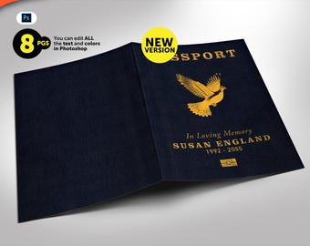 Passport Funeral Program Modern Style Photoshop Template Bi-Fold (8 Pages) 8.5x11