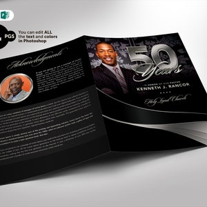 Pastor Anniversary Church Program Template Black and Silver WORD and Publisher Bi-Fold (8.5x11 and 5.5x8.5) 4 pages
