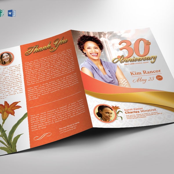 White, Gold, plus Peach Church Anniversary Program PUBLISHER and WORD template 8.5x11 Full Page 5.5x8.5 Half Page (4 Pages)
