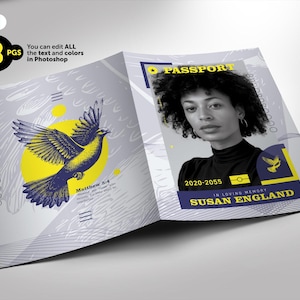 Könnte beinhalten: Eine blaue und gelbe Gedenkkarte im Passformat mit einer Taubengrafik und dem Text "Matthew 5:4". Die Karte zeigt auch ein Schwarzweißfoto einer Frau mit dem Text "PASSPORT", "2020-2055", "IN LOVING MEMORY" und "SUSAN ENGLAND".