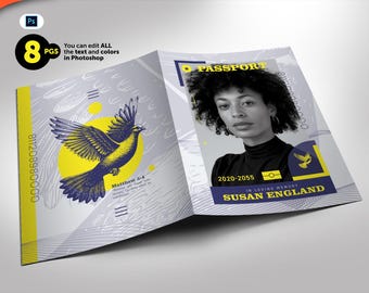 Passport Funeral Program Modern Style Photoshop Template Bi-Fold (8 Pages) 8.5x11