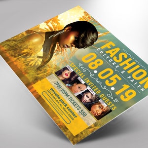 Può includere: Un volantino per un evento di moda chiamato "Fashion, Culture & Faith" il 08.05.19. Il volantino presenta una donna con capelli e trucco scuri, vestita con un abito dorato e nero. Il testo sul volantino dice "Special Invited Guests" e "7PM-10PM Tickets €50".