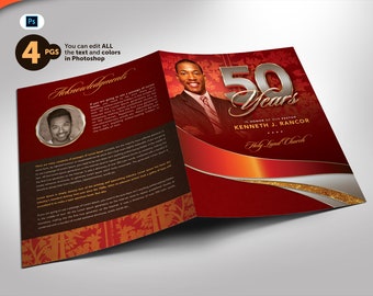 Crimson plus Silver Pastor Anniversary Church Program PHOTOSHOP Template (8.5x11 and 8.5x5.5) 4 Pages