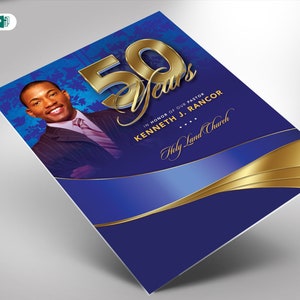 Pastor Anniversary Church Flyer Template Sapphire Blue and Gold PUBLISHER and WORD (8.5x11 and 5x7)