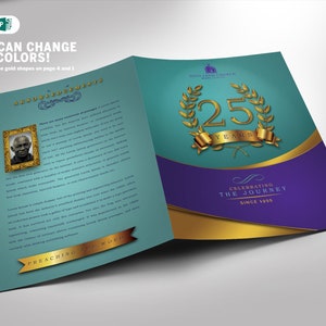 May include: A teal and purple brochure with gold accents celebrating 25 years of "The Journey" since 1995. The brochure features a gold laurel wreath with the number 25 in the center and the text "Celebrating The Journey Since 1995".