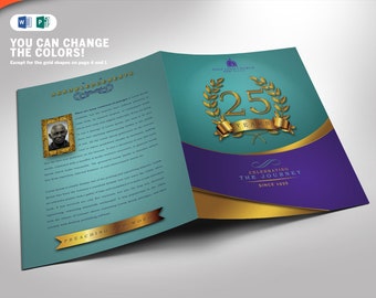 Regal Gold Lavender plus Teal Church_Anniversary_Program Publisher and Word Template (4 pages) 8.5x11 and 5.5x8.5 Folded