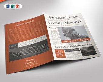 Newspaper Funeral Program PowerPoint, Publisher, and Word Template (4 pages) 5.5x8.5 Folded Half Page