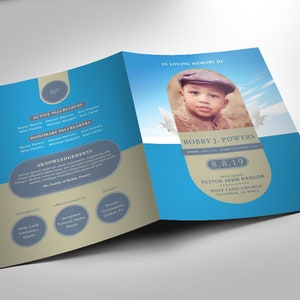May include: A blue and gold funeral programme with a photo of a young boy and the text "In loving memory of Bobby J. Powers 8.8.19 Officiating Pastor John Rancor Holy Land Church Vacherie, LA 70090"