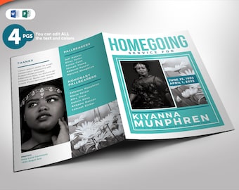 Turquoise Funeral Program Publisher and Word Template 4 Pages (8.5x11 and 5.5x8.5)