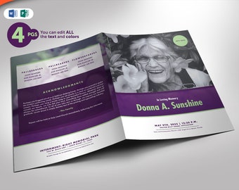 Lavender Plus Green Funeral Program WORD and PUBLISHER Template 11x8. and 5.5x8.5 (4 Pages) Obituary