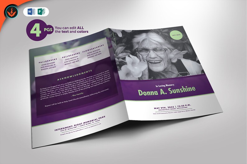 Lavender Plus Green Funeral Program WORD and PUBLISHER Template 11x8. and 5.5x8.5 4 Pages Obituary image 1