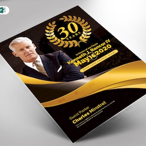 Pastor Anniversary Church Flyer Template Gold plus Black Publisher and Word (8.5x11 and 5x7)