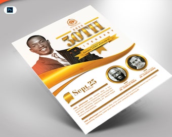 Ivory and Gold Church Anniversary Flyer (Front and Back) PHOTOSHOP TEMPLATE FILE 8.5x11 and 5x7