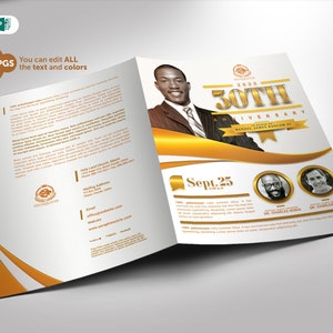 Church Anniversary Program Template Bi-Fold Ivory and Gold 4 Pages Publisher and Word 8.5x11 and 5.5x8.5