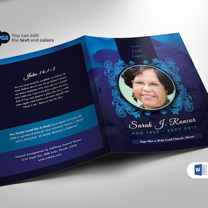 Funeral Program Template Blue Rose Publisher and Word Bi-Fold (4 pages) 8.5x11 and 5.5x8.5 Folded