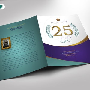 May include: A folded brochure with a teal and purple design. The front cover features a gold circle with the text "HOLY LAND CHURCH" and "25 YEARS" in gold lettering. The back cover features a photo of a man and text about the church.